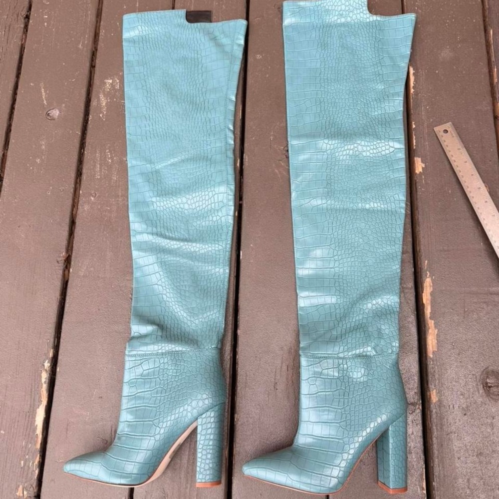 blue croc print knee high boots